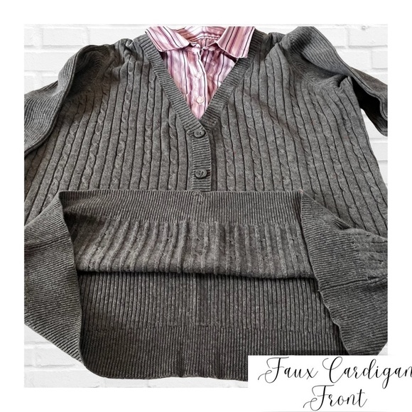 IZOD Cable Knit Faux Cardigan Front and Blouse Gray and Pink Women’s Size - Picture 6 of 8